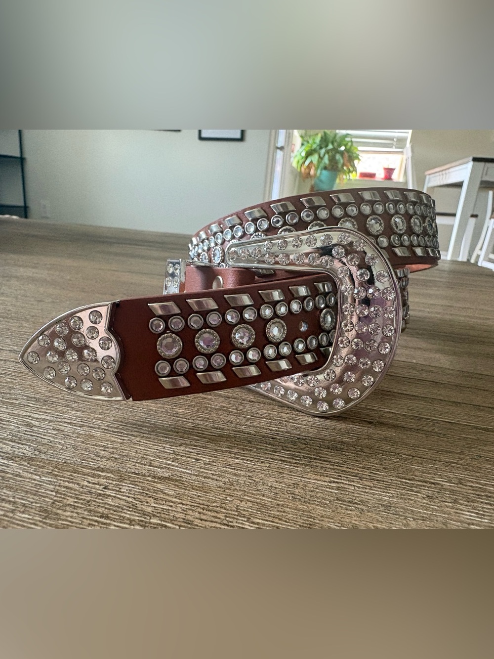 Rhinestone Embellished Brown Belt with Decorative Buckle